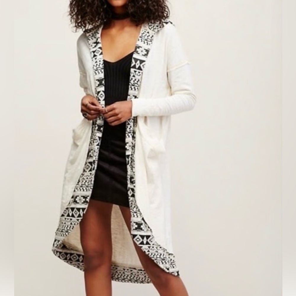 Free People Nomad Tribal Hooded Kimono‎ Cardigan Women's XS White Black Boho